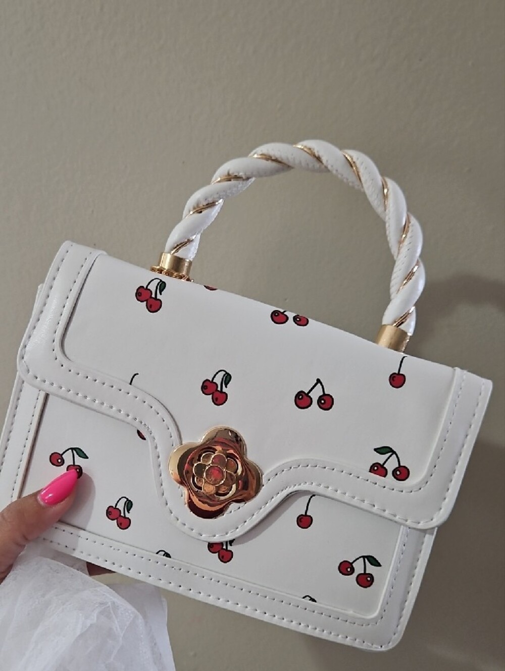 Cherry Print Mini Crossbody Bag White Gold Hardware Cherry Charm - Picture 4 of 7